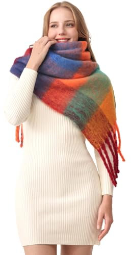 HOTIAN Damen Schal Kariert üBergroßEr Quadratisch Winter Warm Schal Bunte Chunky Schals Soft Thick Tassel Warm Wrap Schal Blue Orange