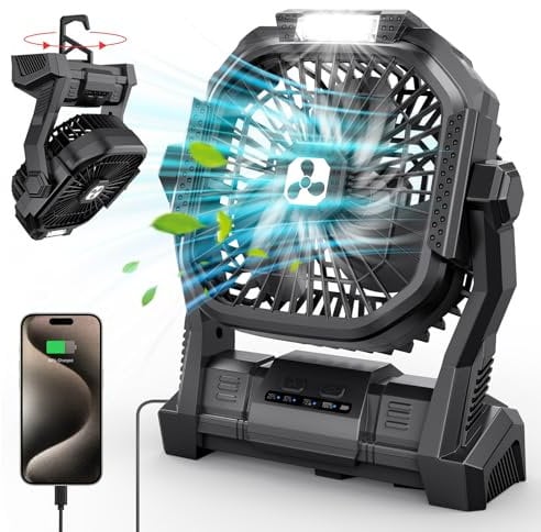 Ventilador Portátil de 20000 mAh, Ventilador USB con Linterna LED, Ventilador de Mesa con Batería y Puerto Type-C, Ventilador Recargable Perfecto para el Camping, los Viajes y la Playa, Negro