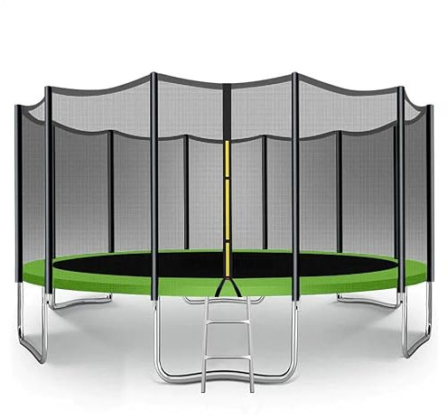 Trampoline for Kids - 6ft/8ft/10ft/12ft/14ft/16ft, Safety Enclosure Net, Ladder, Weatherproof Cover & Shoe Bag Included - Durable Outdoor Bouncing Fun (Green, 16ft)