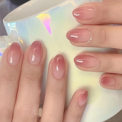 24Pcs French Short False Nails - Square Acrylic Press On Nails with Glue, Full Cover Fake Nails for Women - Reusable DIY Manicure Art at Home - Stick On Nail Gradient Pink