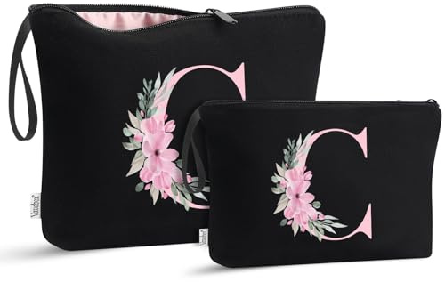 Vavabox Trousse de Toilette personnalisée A à Z, Tissu Premium & Fermeture éclair Robuste, Cadeau Parfait Femme, idée Présent Fille Unique, Cadeau Unique pour mariée ou Demoiselle (C, Noir 2 Pièces)