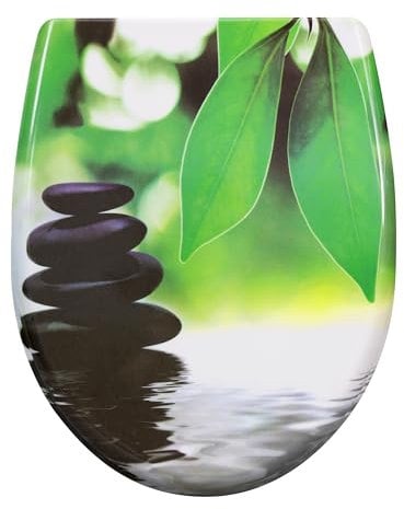 eSituro Toilet Seat, Soft Close O-Shape Loo Seat with Quick Release Function, 360° Adjustable Stainless Steel Hinges, Duroplast Top Mounting Toilet Lid, Green Leaves and Black Stones Printing