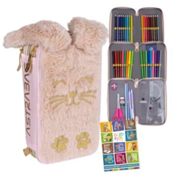 Goldkids - Federmäppchen 3 Fächer - Mäppchen für Mädchen und Jungen - Federmappe 3-Fach Federtasche Gefüllte Schüleretui Schulmäppchen und Hausaufgabenheft - Plüschkaninchen Motiv