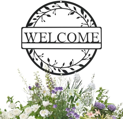 JINGIHE Metal Welcome Sign Wall Art Outdoor Garden Home Decor | Hanging Wall Decoration Wreath Farmhouse Decor for Garden Front Door Porch Entryway Indoor Outdoor Living Room