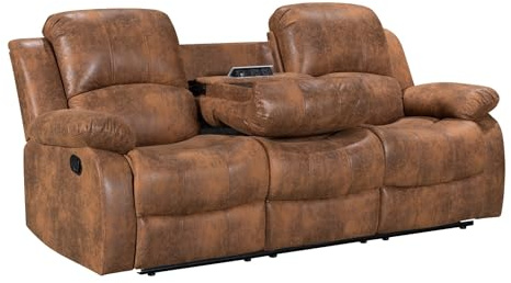 Brown Leather Look Fabric Manual Lever 3 Seater Recliner Sofa with a Drop Table Console for Living Room – Electric Sockets USB & Cupholders , Durable PU Fabric , 3 – Position 160 Degree Recline
