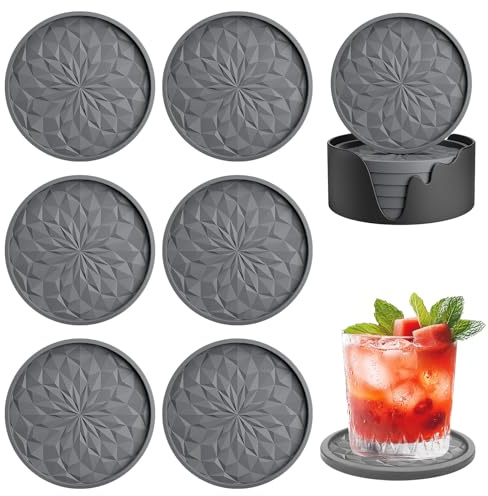Silikon Untersetzer mit Halter - 6 Stück Tassen Untersetzer Gläser Hitzebeständiges rutschfest Coasters Kein Schimmel Tischuntersetzer Spülmaschinenfest Silikonunterlage Getränkeuntersetzer (Grau)