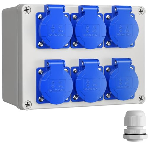 ALLmeter Distributeur d'alimentation mural 6 prises 16A 220V IP54, répartiteur de courant étanche pour usage intérieur et extérieur, idéal pour chantier, atelier et garage | Prise électrique murale, 6 Prises 220V 16A IP54, Boîtier de Prises, intérieur et extérieur, pour Chantier, Atelier et Garage