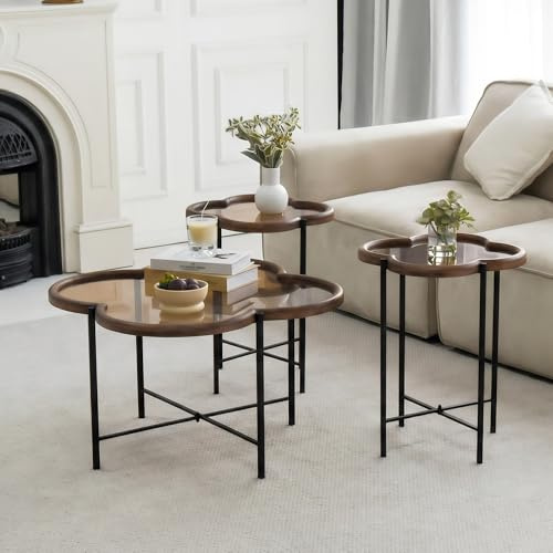 Cagnolier Lot de 3 Tables Basses,Tables gigognes pour Salon en Bois avec Bords Décoratifs,Tables d'Appoint avec Plateau en Verre Trempé,Tables Basses avec Pieds en Métal.Marron Ø80X80X45/ Ø55X45X45