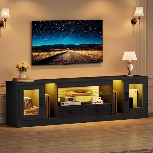 Dripex 180 cm TV-Schrank mit Schubladen & Beleuchtung, Lowboard für 55–65 Zoll Fernseher, verstellbares Glasregal, Wohnzimmer/Schlafzimmer, Schwarz