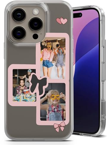 Personalisierte Handyhülle Rosa Rahmen Foto von Familie und Freunden - für iPhone 6,7,8,X,Xr,11,12,13,14,15,16,17, Air,e Serie | 3 Fotos Design mit Schleife & Herz | Individuelle TPU Silikonhülle