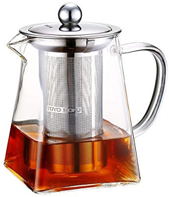 Grande théière transparente Toyo Hofu en verre résistant à la chaleur - Avec infuseur en acier inoxydable pour feuilles de thé, Verre borosilicate, 600ml