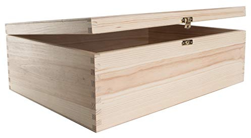 WooDeeDoo Large Rectangular Wooden Storage Box with Hinged Lid and Clasp – 40 x 30 x 13.5 cm – Pine Craft Case for A4 Files Keepsakes Photos Stationery Decoration