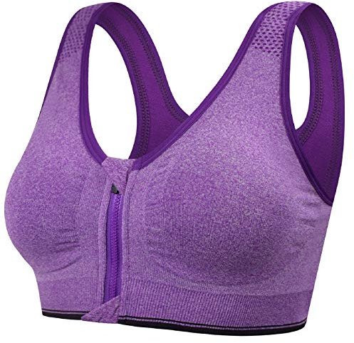 Tuopuda Reggiseno Sportivo Reggiseno Sonno Intimo Donna Senza Ferretto con Cerniera Frontale e Pastiglie Rimovibili per Ginnastica Corsa Jogging Yoga, Viola, XL