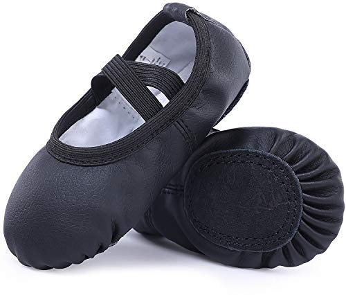 Ballettschuhe aus Leder Ballettschläppchen Tanzschuhe Gymnastikschuh mit Geteilte Ledersohle für Kinder Damen Schwarz 36
