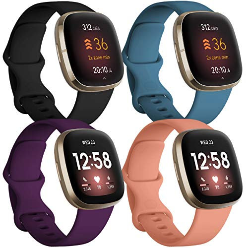JUVEL Correa Compatibles con Fitbit Versa 3 Correa/Fitbit Sense Correas, 4 Pack Muñequeras Deportivas de Silicona Suave de Repuesto para Mujeres Hombres, Pequeño, Negro/PizarraAzul/Ciruela/melocotón
