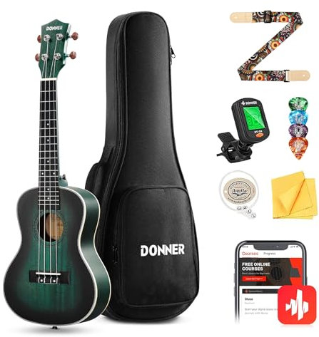 Ukelele Concierto Profesional - Donner Kit de Ukulele Caoba de 23 pulgadas para Principiantes Adultos Niños, Ukele con Lecciones en línea Bolsa Aquila String Pick Tuner Correa de Tela, DUC-200B Azul