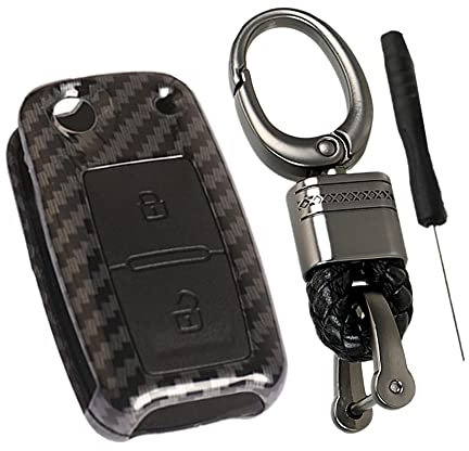 Happyit ABS Kohlefaser-Schale + Silikon Autoschlüsselabdeckung Fall passend für VW Volkswagen Amarok Polo Golf 4 5 6 MK4 Bora Jetta 2 Tasten (Schwarz)