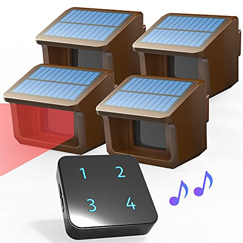Driveway Alarm System- Solar Driveway Alarms- 3 Adjustable Sensitivities-Fully Weatherproof Outdoor Motion Sensor&Detector DIY Security Alert System-1 Receiver and 4 Sensors KIT