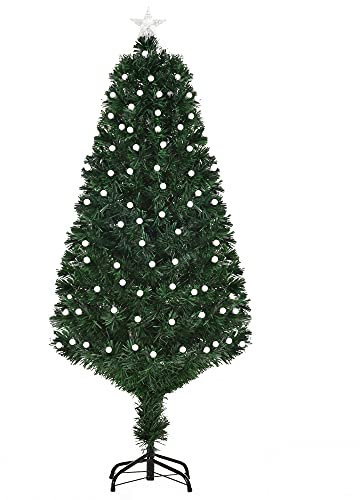 HOMCOM Albero di Natale Artificiale 150cm con 170 Luci LED e Fibre Ottiche, 170 Rami e Base in Metallo Pieghevole, Verde