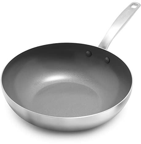 GreenPan Chatham Tri-Ply Stainless Steel Healthy Ceramic Nonstick 11 Wok Pan, PFAS-Free, Multi Clad, Induction, Dishwasher Safe, Oven Safe, Silver