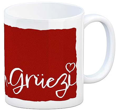 Kaffeebecher mit Grüezi-Schriftzug mit Herz und Bergen Schweiz Tasse in rot und weiß Geschenkidee Gebirge Hochgebirge Kantone Schoki mit Herz