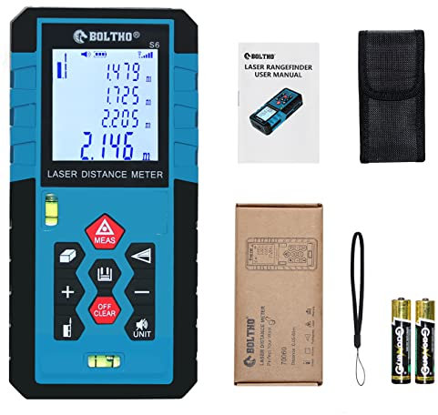 Laser Distance Meter 100M/328FT, BOLTHO Laser Measure Device with 2 Bubble Levels – Backlit LCD, Area and Volume, Pythagorean Mode Laser level Class II Laser type 630-640nm <1mw Battery Included