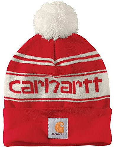 Carhartt Herren Strickmütze mit Bommel und Logo Beanie-Mütze, Einheitsgröße, Red Winter White
