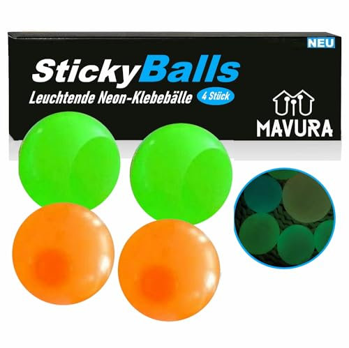 MAVURA StickyBalls Glow Leuchtende Neon Klebebälle Klebe (Squishy Squeeze Bälle für die Decke), Spaß Antistress Ball Schleim [4er Set]