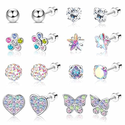 Diamday Hypoallergene Ohrringe mit Schraubverschluss für Mädchen und Frauen Edelstahl 316L Medizinische CZ Blume Herz Schmetterling Rosa Mehrfarbig Ohrstecker-Set