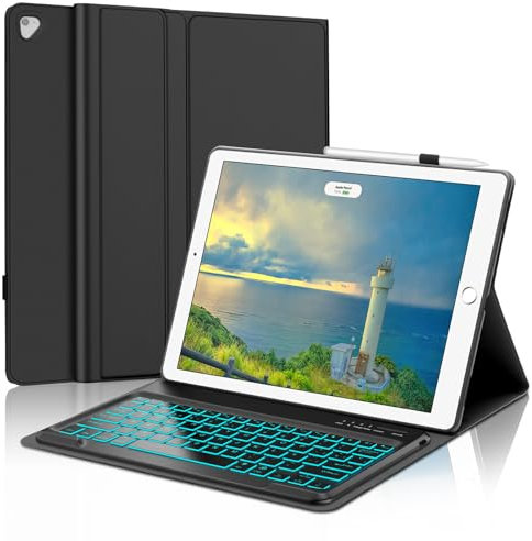 FOGARI Funda Teclado para iPad Pro 12.9 2017 2ªGeneración - Teclado para iPad Pro 12.9 2015 1ªGeneración - Español Ñ 7 Colores Iluminado Teclado para iPad 12.9 (A1584/A1652/A1670/A1671),Negro