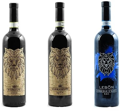 3 bottiglie pregiati vini rossi Lebòn: 1 bottiglia di Barolo Docg + 1 Barbaresco Docg + 1 Nebbiolo d'Alba Doc. Raffinate ed esclusive etichette da collezione