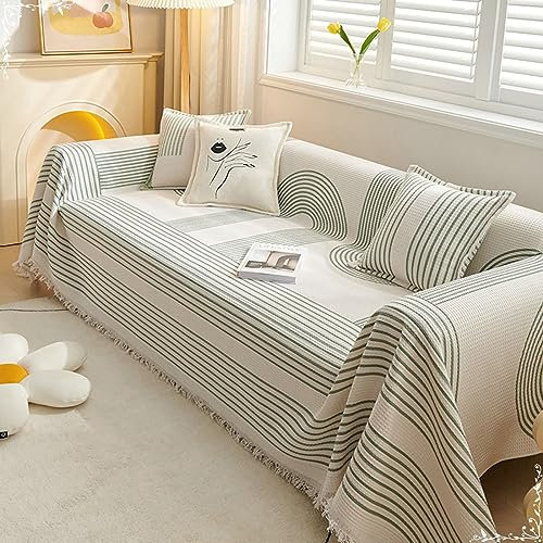 Homxi Sofabezug 4 Sitzer Big Sofa,180x420CM,Couch Überzug Universal Streifenmuster mit Quasten Sofa Überzug Leinen Baumwolle Sofa-Handtuch Grün Weiß Sofahusse Universal