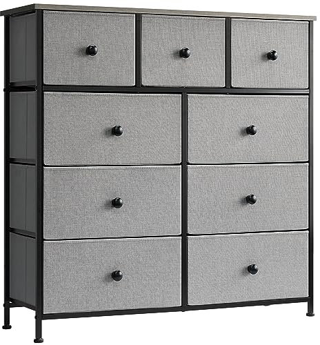LYNCOHOME Chest of Drawer Bedroom, 9 Drawers Dresser with Deep and Large Drawers, Fabric Storage Drawers Easy to Assemble, for Bedroom, Kids room, Living room, Closet,Grey