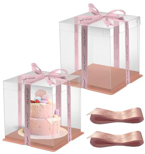 HYRYC 2pcs Boite a Gateau Transparente Boite Layer Cake Boite de Transport Gateau 30 x 30 cm Boîte à Gâteaux en Plastique avec Ruban pour Gateau et Présentoir à Dessert (Rose)