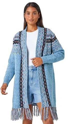 Roman Originals Women Cardigan - Ladies Longline Coatigan Tassel Open Front Cardi Winter Autumn Casual Textured Edge to Edge Yarn Patterned Comfy Work Going Out - Light Blue - Size 20