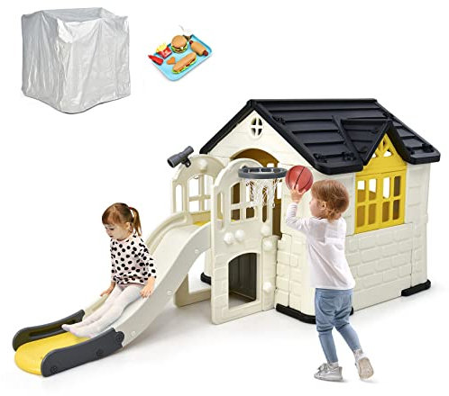 GOPLUS Cabane de Jardin Enfants avec Toboggan, Maison de Jardin avec 1 Porte et 2 Fenêtres avec Table de Pique-Nique, Assiettes et Jouets (+Toboggan, Jaune)