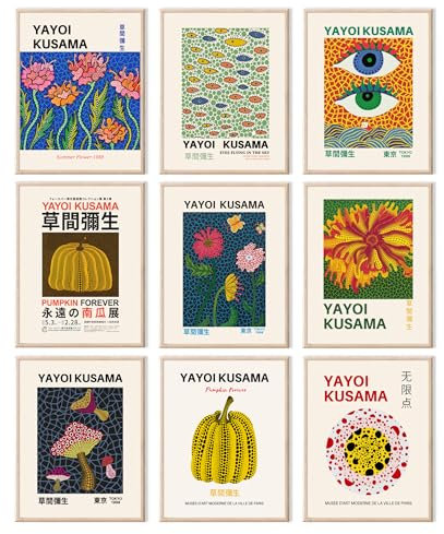 Yayoi Kusama Poster, Vintage-Wandkunstdrucke, Galerie-Ausstellungsposter-Set, japanische Leinwandbilder, ästhetische Wanddekoration für Schlafzimmer, Badezimmer, Wohnzimmer, Flur, ungerahmt 20,3 x