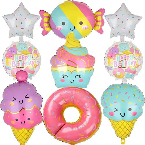 Donut Folienballon, 9pcs Eiscreme Party Deko, Eiscreme Ballons, Folienballon Candy, Ice Cream Balloon, Geeignet für Geburtstagsballons zum Thema Eiscreme für Jungen und Mädchen