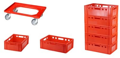 Logiplast 7 Stück E2-Kasten rot + 1 Transportroller mit vier Lenkrollen rot
