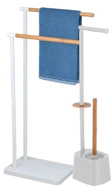 Kit 2 Piantane da Bagno in Acciaio Smaltato e Inserti in Bambù Piantana WC Porta Carta Igienica, Porta Scopino, Porta Asciugamani Accessori Bagno Pratiko Life (Bianco)