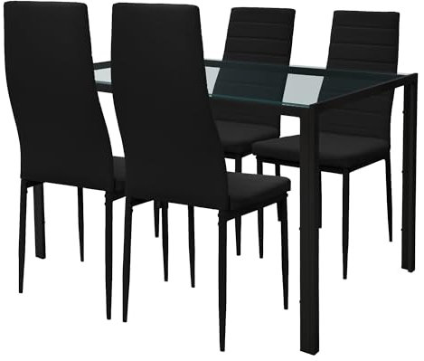 ML-Design Essgruppe 5-TLG für 4 Personen, Schwarz, Moderne Esszimmergruppe mit 4 Stühlen, Tisch mit Glasplatte, 4er Set Esszimmerstühle Kunstleder mit Esstisch, Esszimmergarnitur für Wohnzimmer/Küche