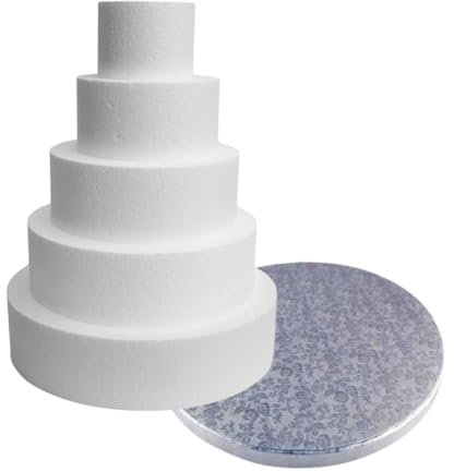 Cake Company Torten Dummy Set 5 Etagen mit Tortenplatte | 25cm hohe, hochwertige Styropor Torte | Deko-Torte ⌀ 30,25,20,15,10 cm - 5cm Höhe | weiß (5 Stöckig) + Cake Board
