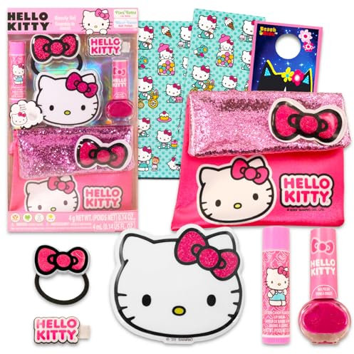Hello Kitty Lippenbalsam Set - Mit Hello Kitty Lippenbalsam, Scrunchie, Armband, Kosmetiktasche, Aufkleber & mehr | Feuchtigkeitsspendend | Natürlicher Finish | Lip Balm