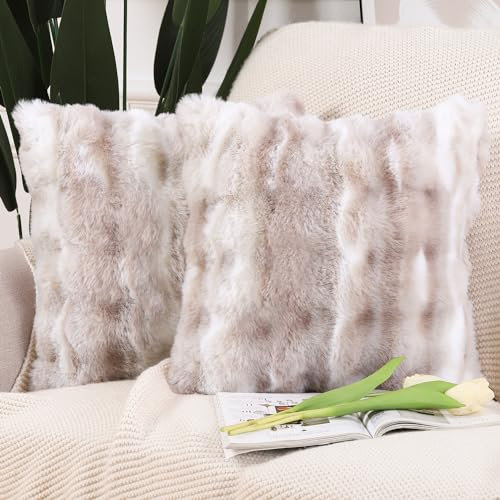 Madizz 2er Set Sanft Plüsch Kurze Wolle Samt Dekorativ Zierkissenbezüge Luxus Stil Kissenbezug für Sofa für Schlafzimmer Weiß Taupe 55x55 cm