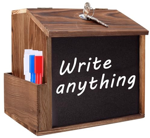 AZEAM Wood Suggestion Box with Lock and Slot, Wooden Countertop Wall Mounted Charity Collection Donation Boxes Lockable Comment Ballot Feedback Tip Prayer Box with Blackboard for Office,Church