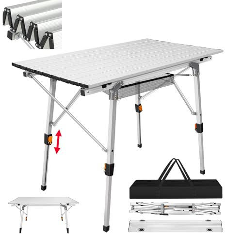 Yiyai Campingtisch Faltbar Höhenverstellbar 45cm/68cm, 90 x 53cm(B x T), Klapptisch Camping Tisch mit Aluminiumrahmen Campingtisch Klappbar Balkontisch mit Tragetasche - bis 30KG