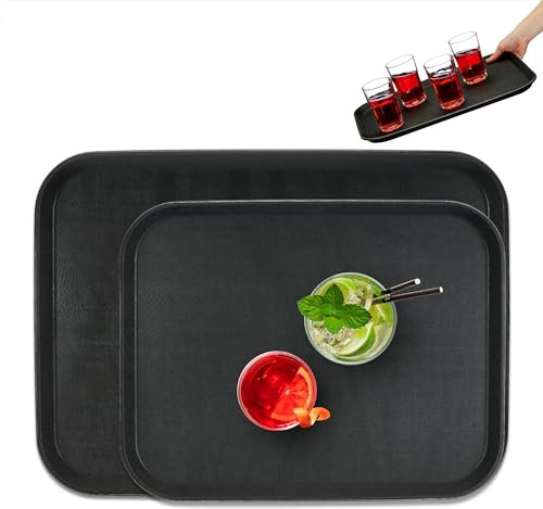 Relaxdays Set 2 Bandejas Bar, Superficie Antideslizante, Plato Rectangular Servir Bebidas, 46x35 cm y 56x41 cm, Negro, Caucho