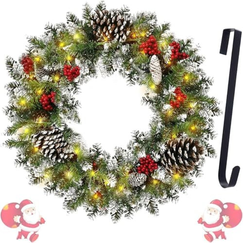 Christmas Wreath with Hange, 45cm/18inch Artificial Christmas Garland for Front Door with 50 LED Lights, Wreath Door Hook Outdoor Christmas Wreath.