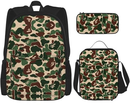 WURTON Aniaml 3-in-1-Set mit grünem Camouflage-Muster, verstellbarer Schulter-Rucksack, Lunch-Tasche, Federmäppchen, Beutelbox, Schwarz, Einheitsgröße