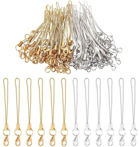 NIANOPKM 50 Einfache Handy Lanyard Strap für Schlüssel Schlüsselanhänger,Handyanhänger Schlaufen mit Karabiner,Telefonring Strap Handy Charm Cord zum Pendents USB Schüsselanhänger(Gold + Silber)
